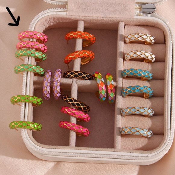 Light Pink Enamel Geometric Pattern Hoop Earrings 18K Gold Plated Stainless‎ - Picture 7 of 11